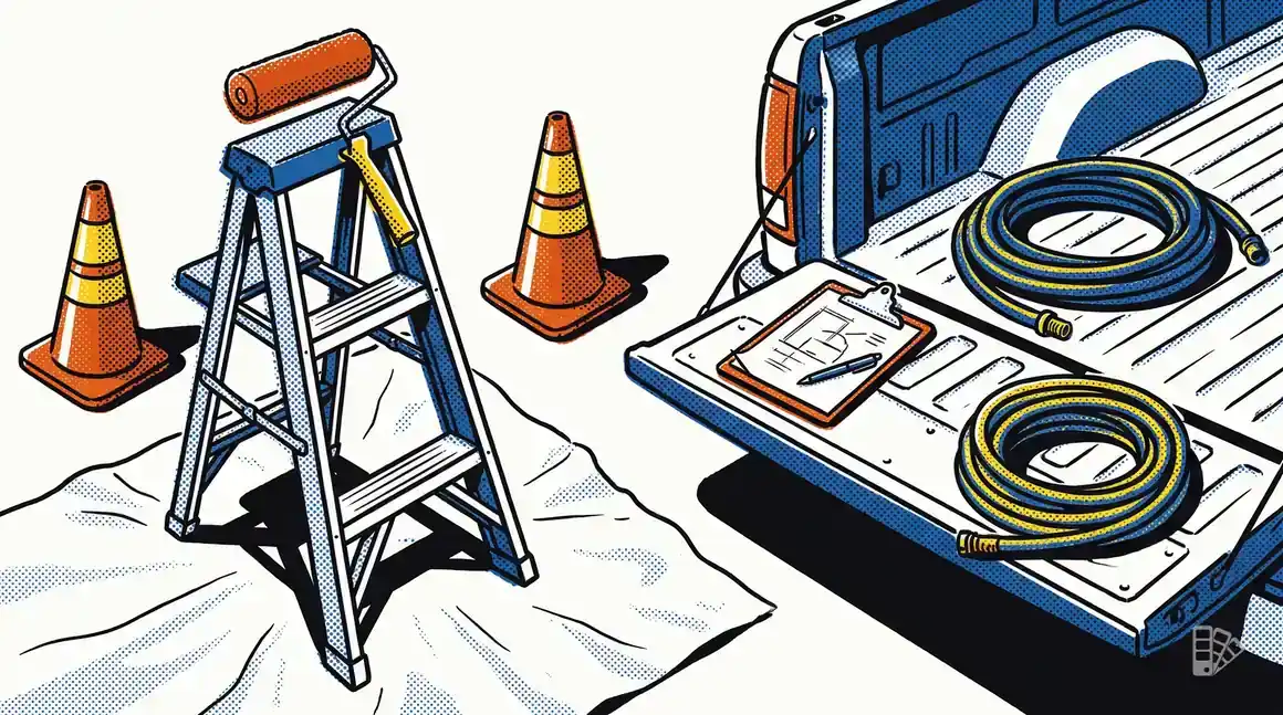 Pop-art illustration of a painting job site with a footed ladder, cones and a clipboard