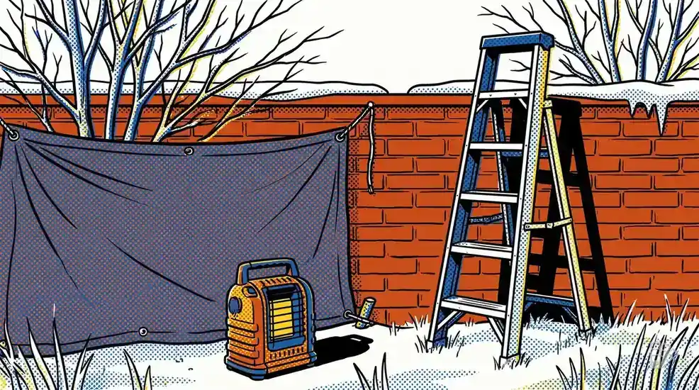 Pop-art illustration of an exterior wall in winter with a tarp windbreak and a heater