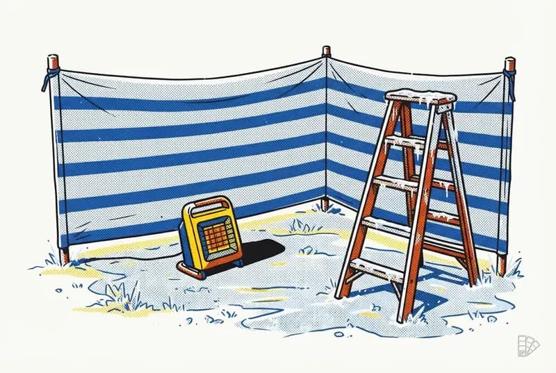 Pop-art vignette of a tarp windbreak and heater beside a wall in frost