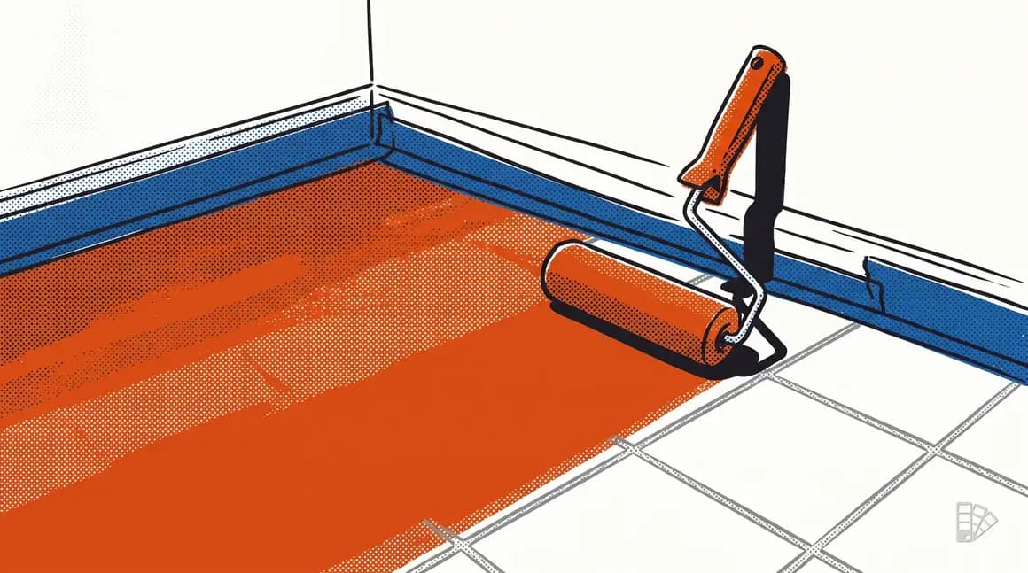 Pop-art illustration of a tile floor being coated in strips with a short roller