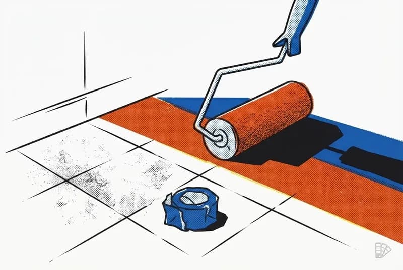 Pop-art vignette of a tile floor being scuff sanded then rolled in strips