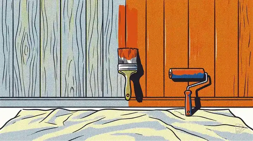 Pop-art illustration of wood paneling half primed with a brush working a groove