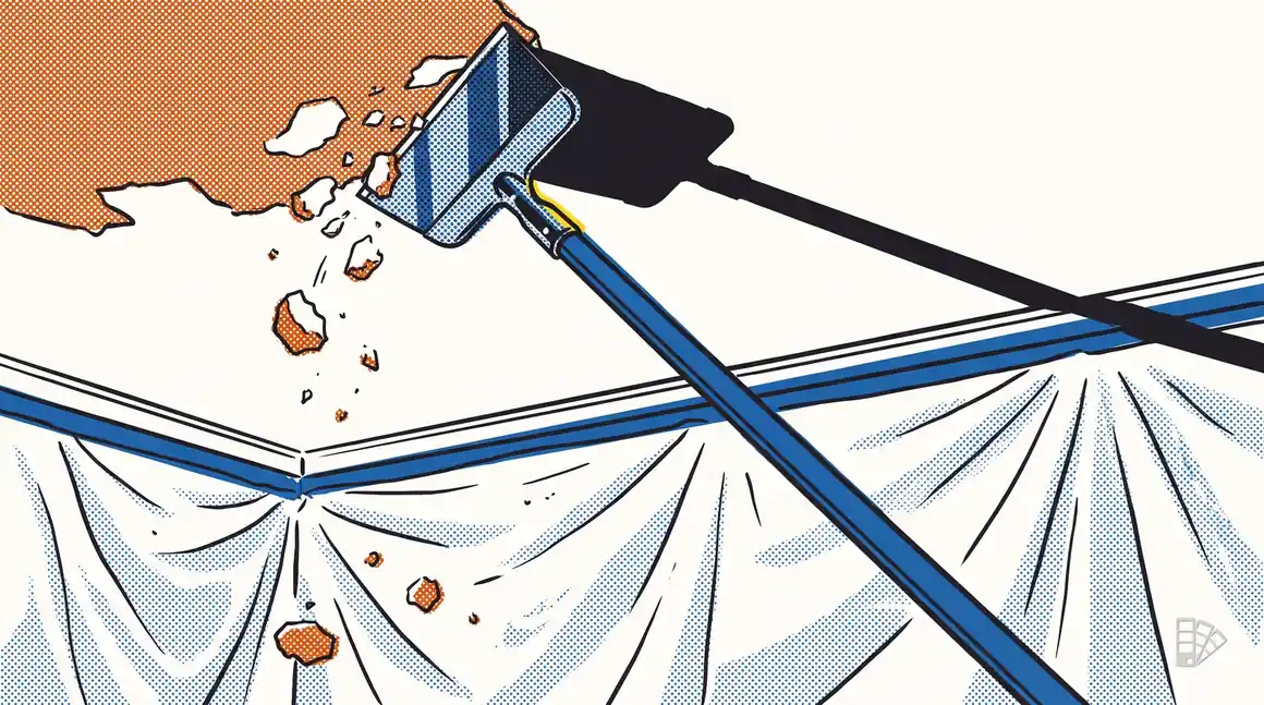 Pop-art illustration of popcorn ceiling texture being scraped onto plastic sheeting