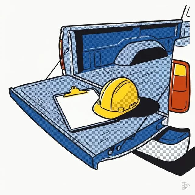 Pop-art illustration of a truck tailgate with a blank clipboard and hard hat