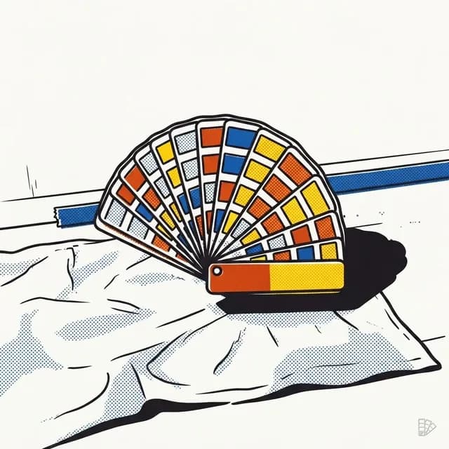 Pop-art illustration of a fan deck of paint chips opened into an arc