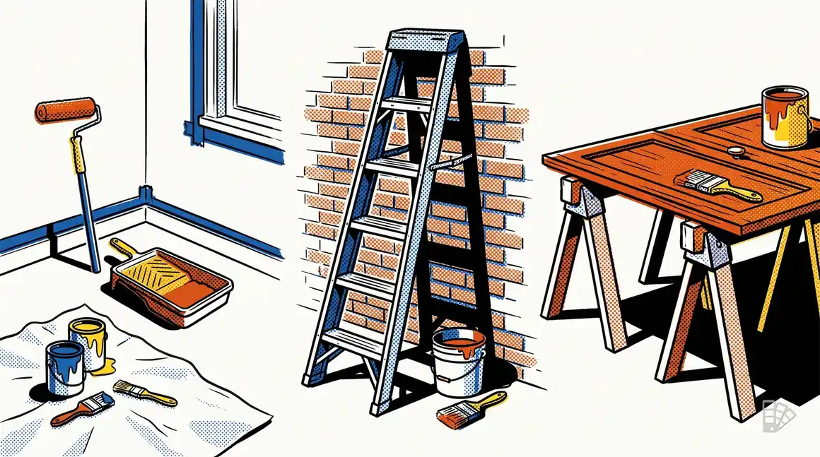 Pop-art illustration of a taped room, a ladder on an exterior wall and a cabinet door on sawhorses
