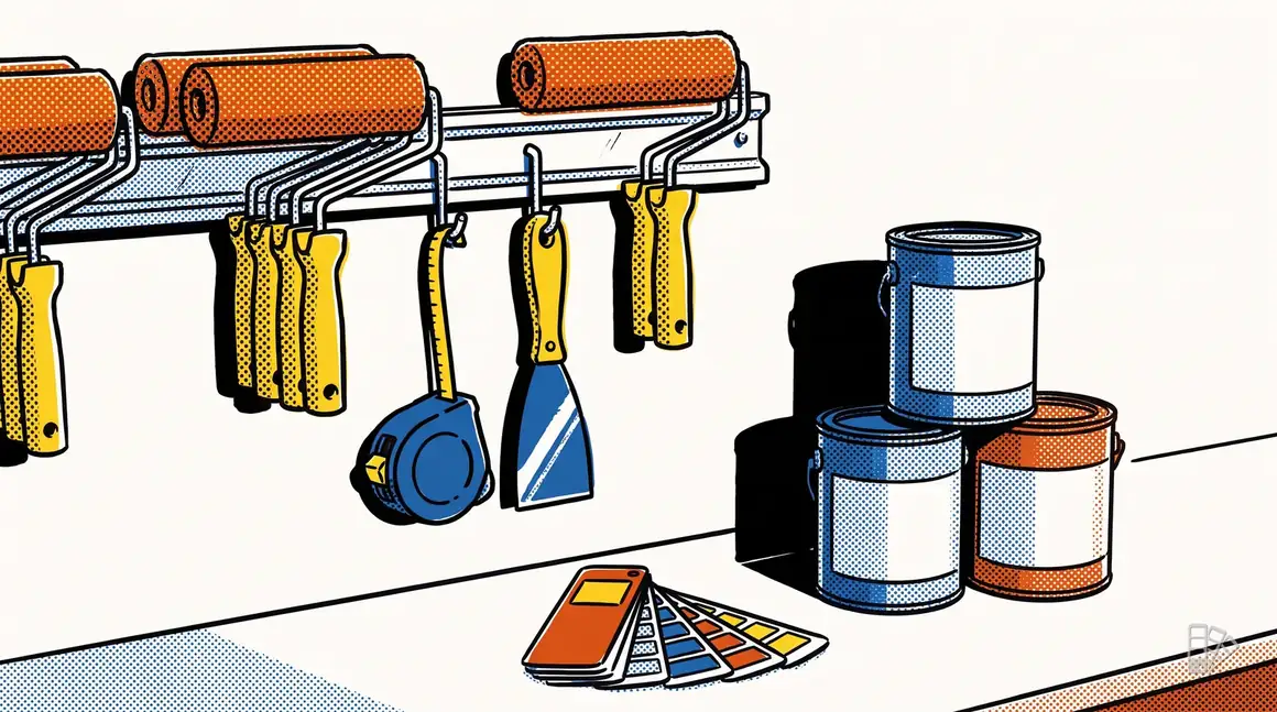 Pop-art illustration of a workshop tool wall with rollers, a tape measure and blank cans