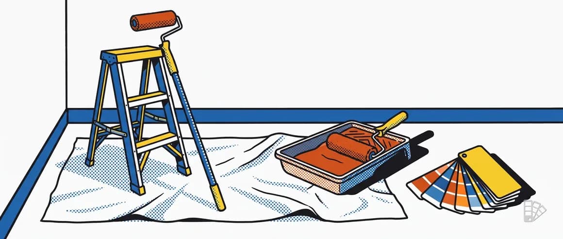 Pop-art illustration of a ladder, roller, paint tray and fan deck staged in an empty room