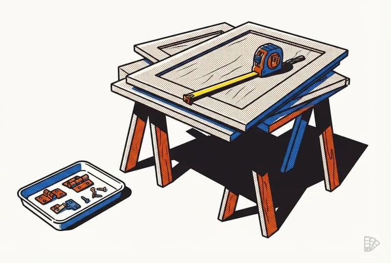 Pop-art vignette of stacked cabinet doors with a tape measure across the top