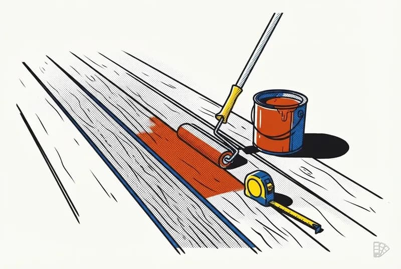 Pop-art vignette of deck boards with a stain pad on a pole and a bucket