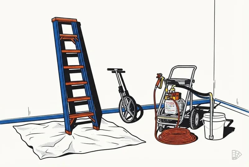 Pop-art vignette of a house corner with a ladder, measuring wheel and sprayer cart