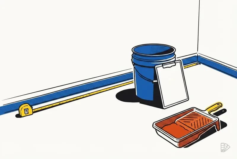 Pop-art vignette of an empty room with a tape measure, clipboard and roller tray