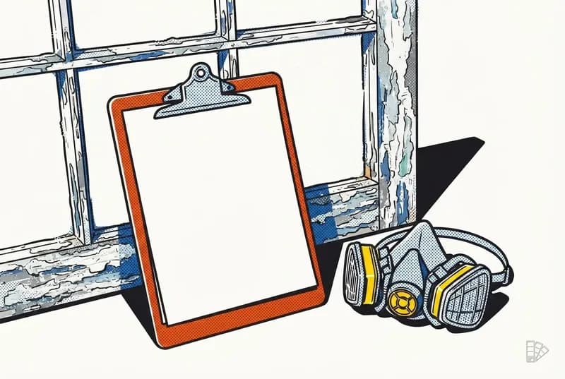 Pop-art vignette of a blank clipboard sheet against a flaking old window sash