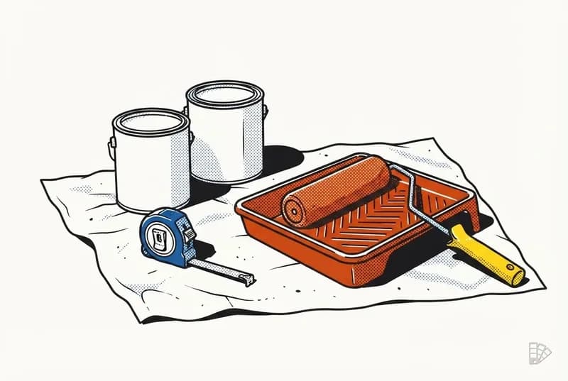 Pop-art vignette of two paint cans, a tape measure and a roller lying in a ribbed tray