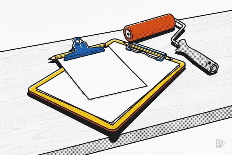 Pop-art vignette of a sheet clipped over another with a pencil and a roller