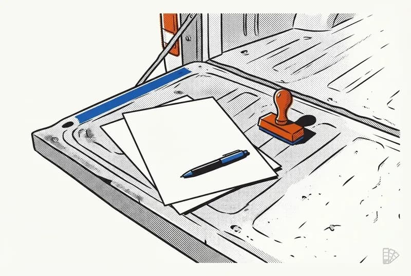 Pop-art vignette of two blank sheets on a tailgate with a pen and a stamp