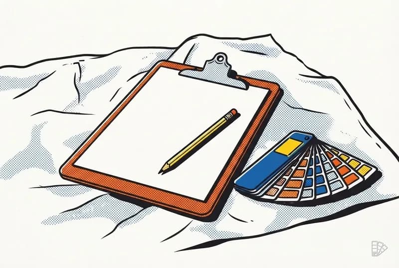 Pop-art vignette of a blank clipboard sheet with a pencil and a fan deck