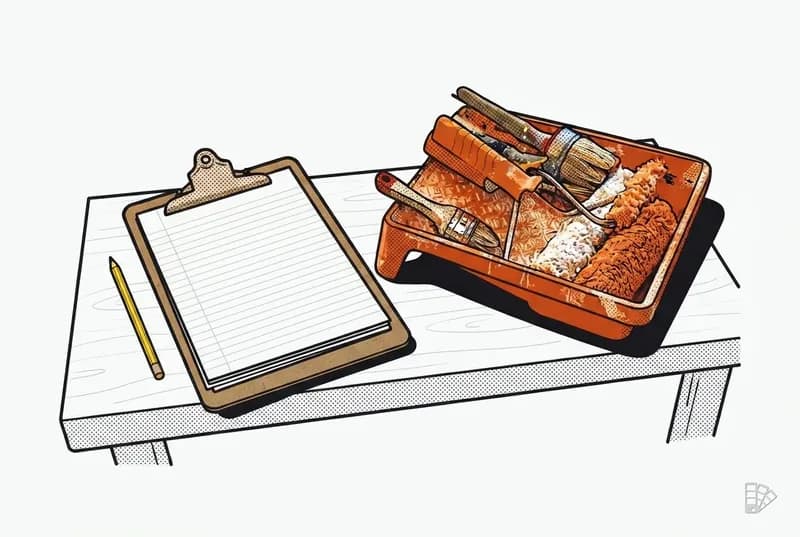 Pop-art vignette of a blank clipboard sheet beside a roller tray and pencil