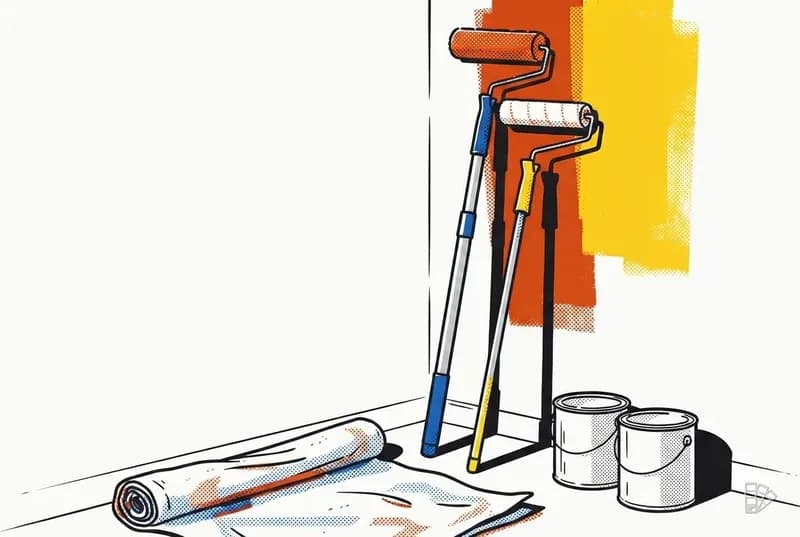 Pop-art vignette of two roller poles against a half-coated wall with buckets