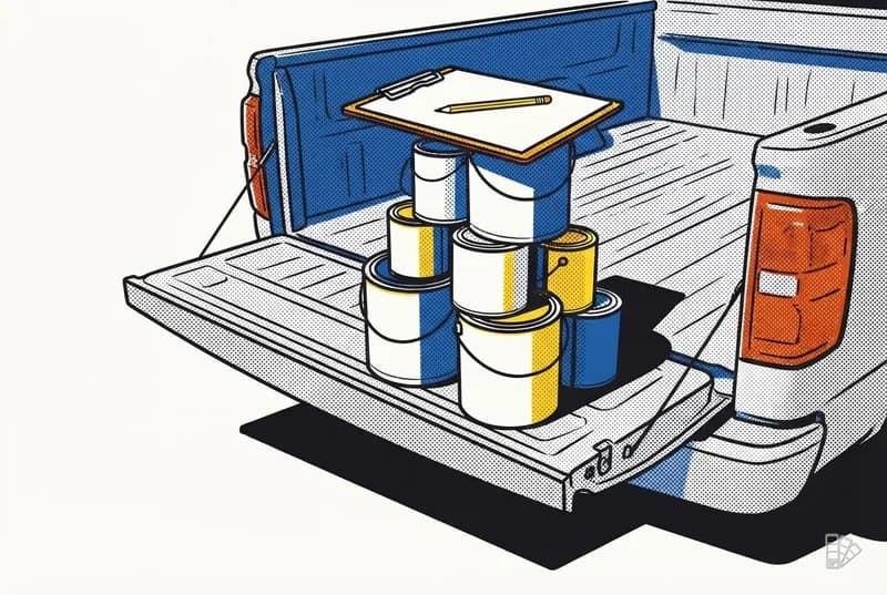 Pop-art vignette of stacked paint cans on a tailgate with a blank clipboard