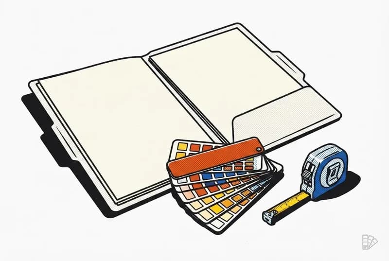 Pop-art vignette of a folder of blank sheets with a fan deck and tape measure