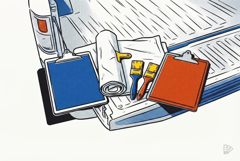 Pop-art vignette of two clipboards on a tailgate with a drop cloth and brushes